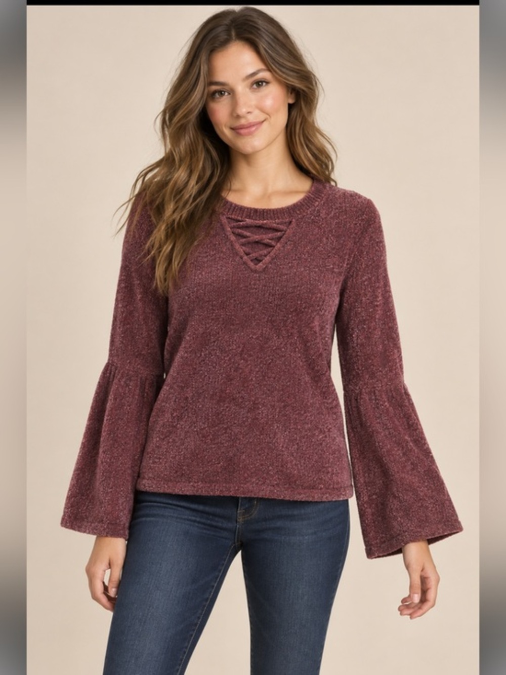 American Eagle Burgundy Chenille Lace Up Bell Sleeve Sweater XS